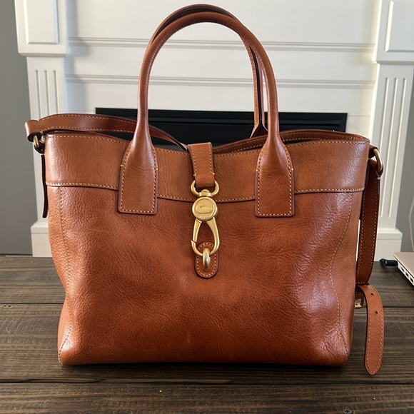 Dooney & Bourke Brown Leather Tote with Gold Clasp - Picture 2 of 13